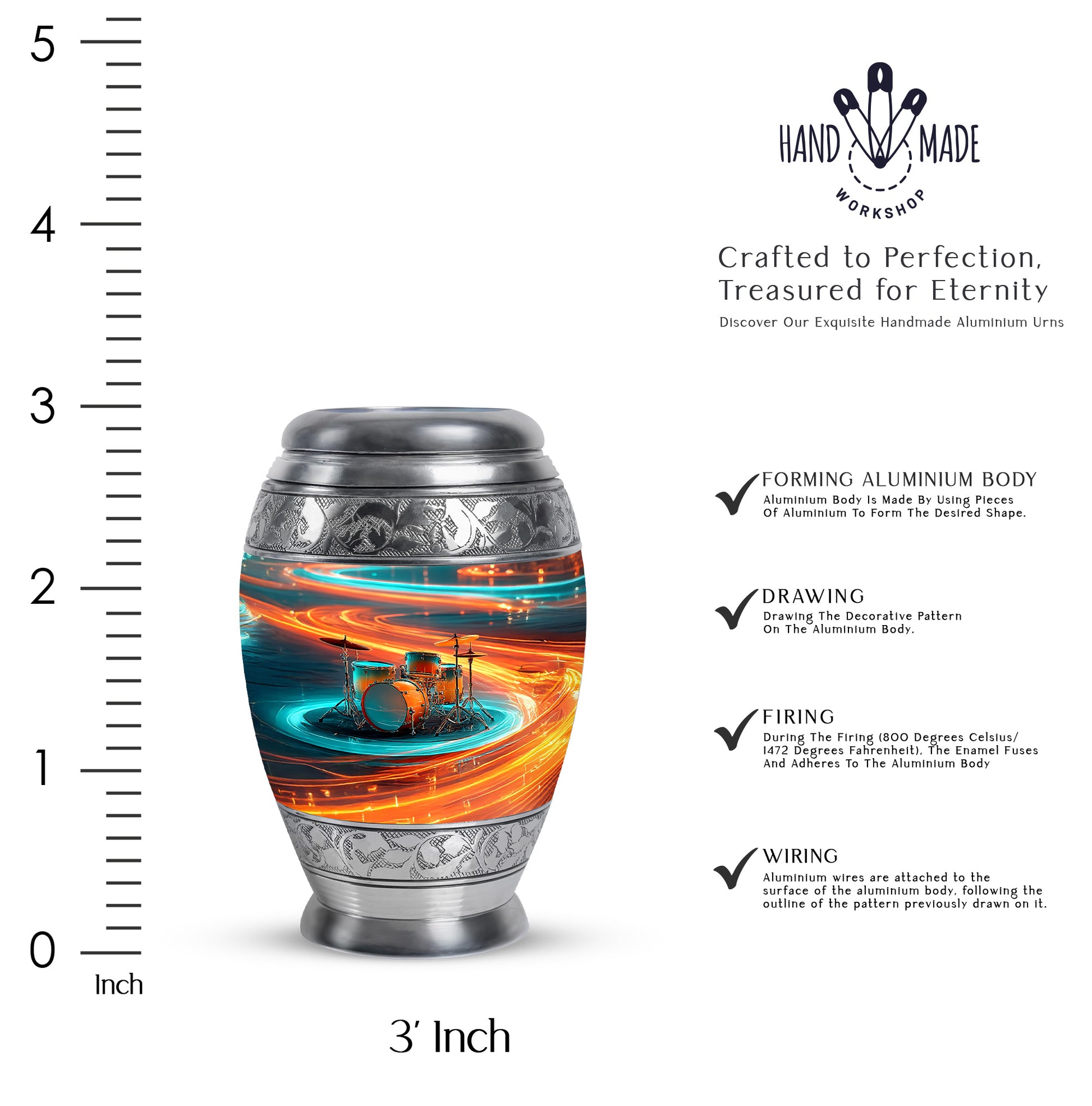 Silver Gray Drums Cremation Urn lifestyle display on memorial shelf - regal drums design with crown-inspired accents - mini keepsake memorial for portion of cremation ashes