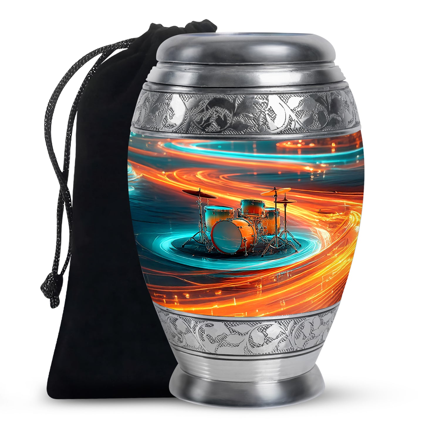 Storm Gray Drums Cremation Urn back view with polished surface - majestic drums pattern with filigree border - full-size 10 inch 200 cubic inch adult cremation urn