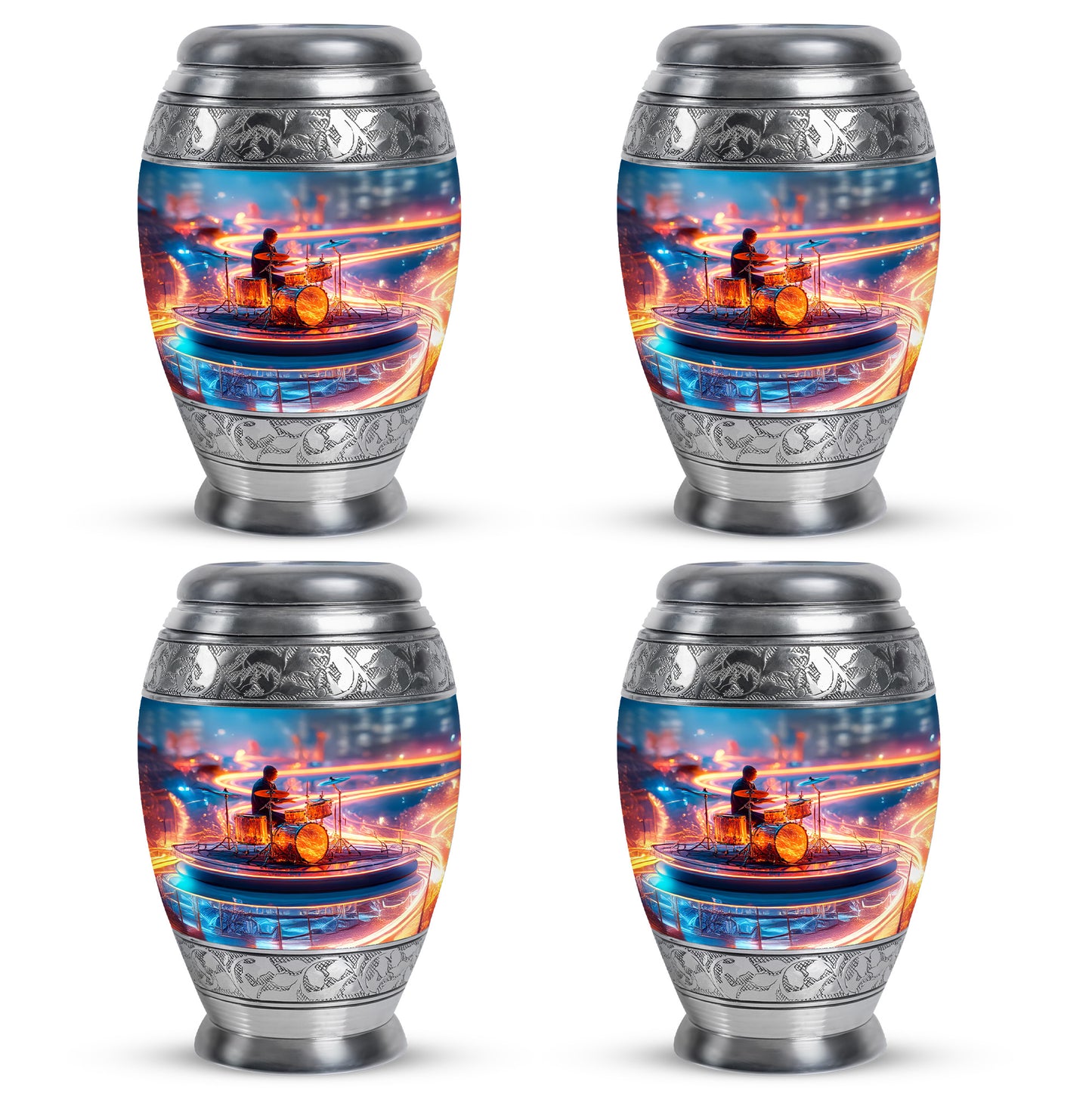 Cornflower Blue Drums Cremation Urn urn with complimentary velvet bag - royal drums engraving with decorative scrollwork - 10 inch aluminum urn for cremated remains