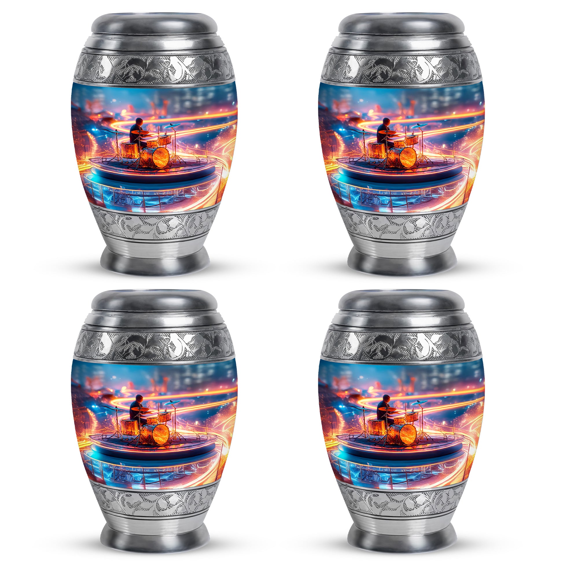 Cornflower Blue Drums Cremation Urn urn with complimentary velvet bag - royal drums engraving with decorative scrollwork - 10 inch aluminum urn for cremated remains
