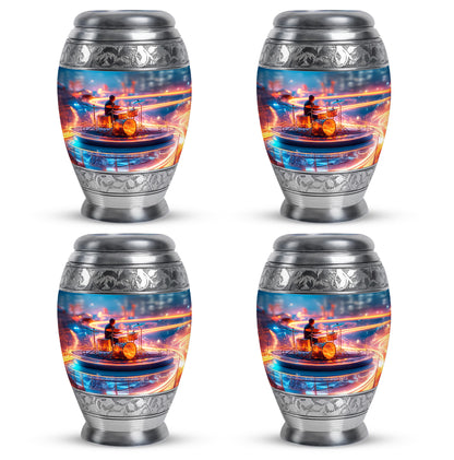Cornflower Blue Drums Cremation Urn urn with complimentary velvet bag - royal drums engraving with decorative scrollwork - 10 inch aluminum urn for cremated remains