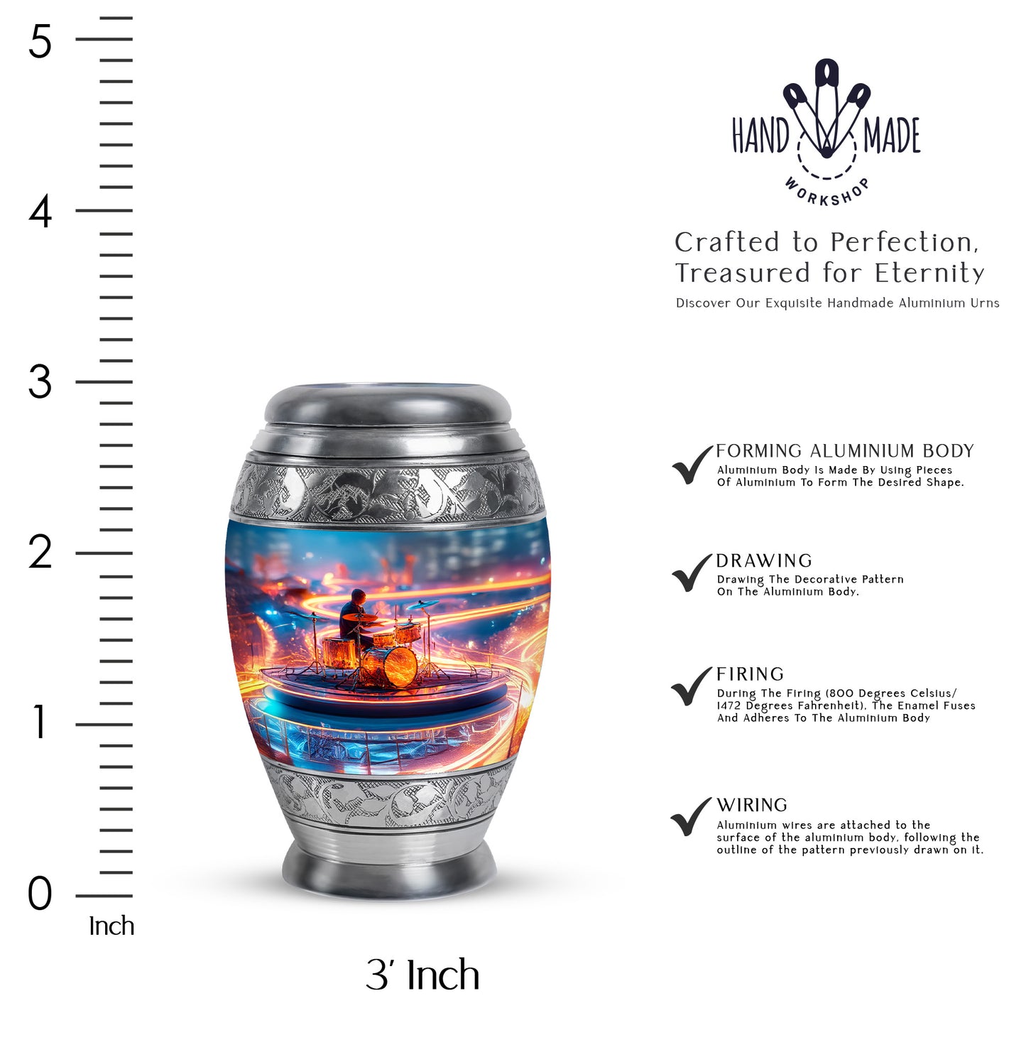 Sky Blue Drums Cremation Urn lifestyle display on memorial shelf - ornate monarch-style drums relief on brushed aluminum - mini keepsake memorial for portion of cremation ashes