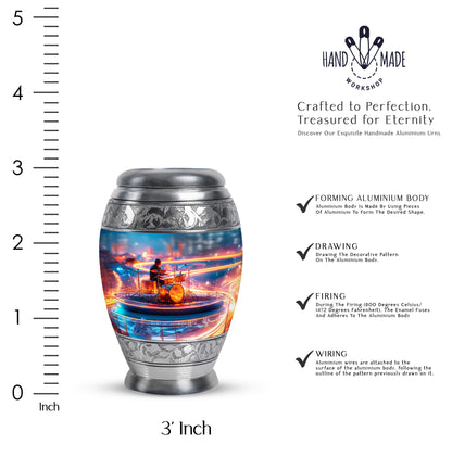 Sky Blue Drums Cremation Urn lifestyle display on memorial shelf - ornate monarch-style drums relief on brushed aluminum - mini keepsake memorial for portion of cremation ashes