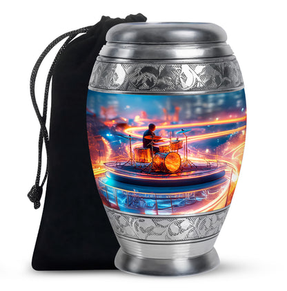Serene Blue Drums Cremation Urn back view with polished surface - majestic drums pattern with filigree border - full-size 10 inch 200 cubic inch adult cremation urn