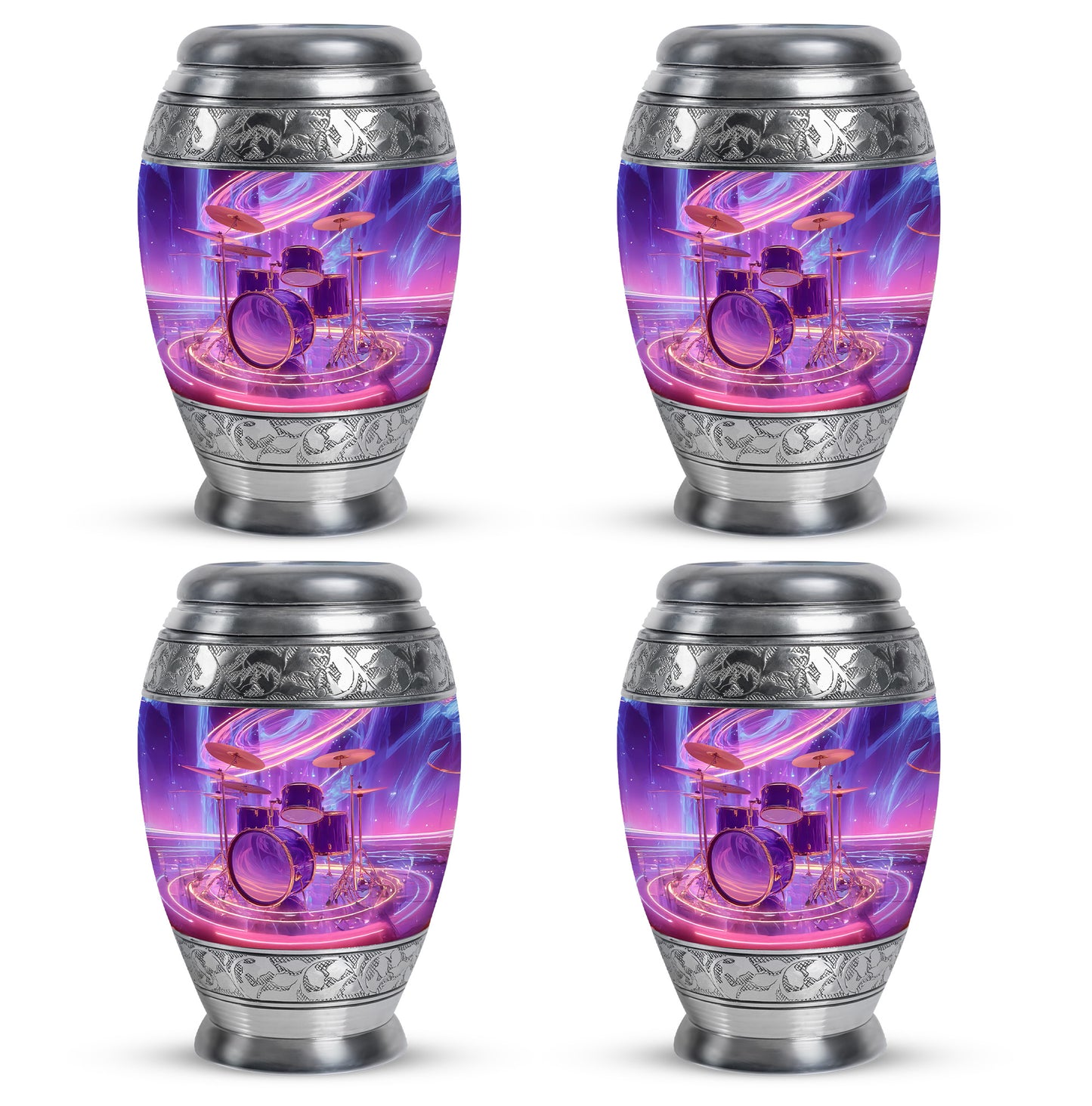 Plum Purple Drums Cremation Urn urn with complimentary velvet bag - ornate monarch-style drums relief on brushed aluminum - 10 inch aluminum urn for cremated remains