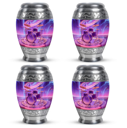 Plum Purple Drums Cremation Urn urn with complimentary velvet bag - ornate monarch-style drums relief on brushed aluminum - 10 inch aluminum urn for cremated remains