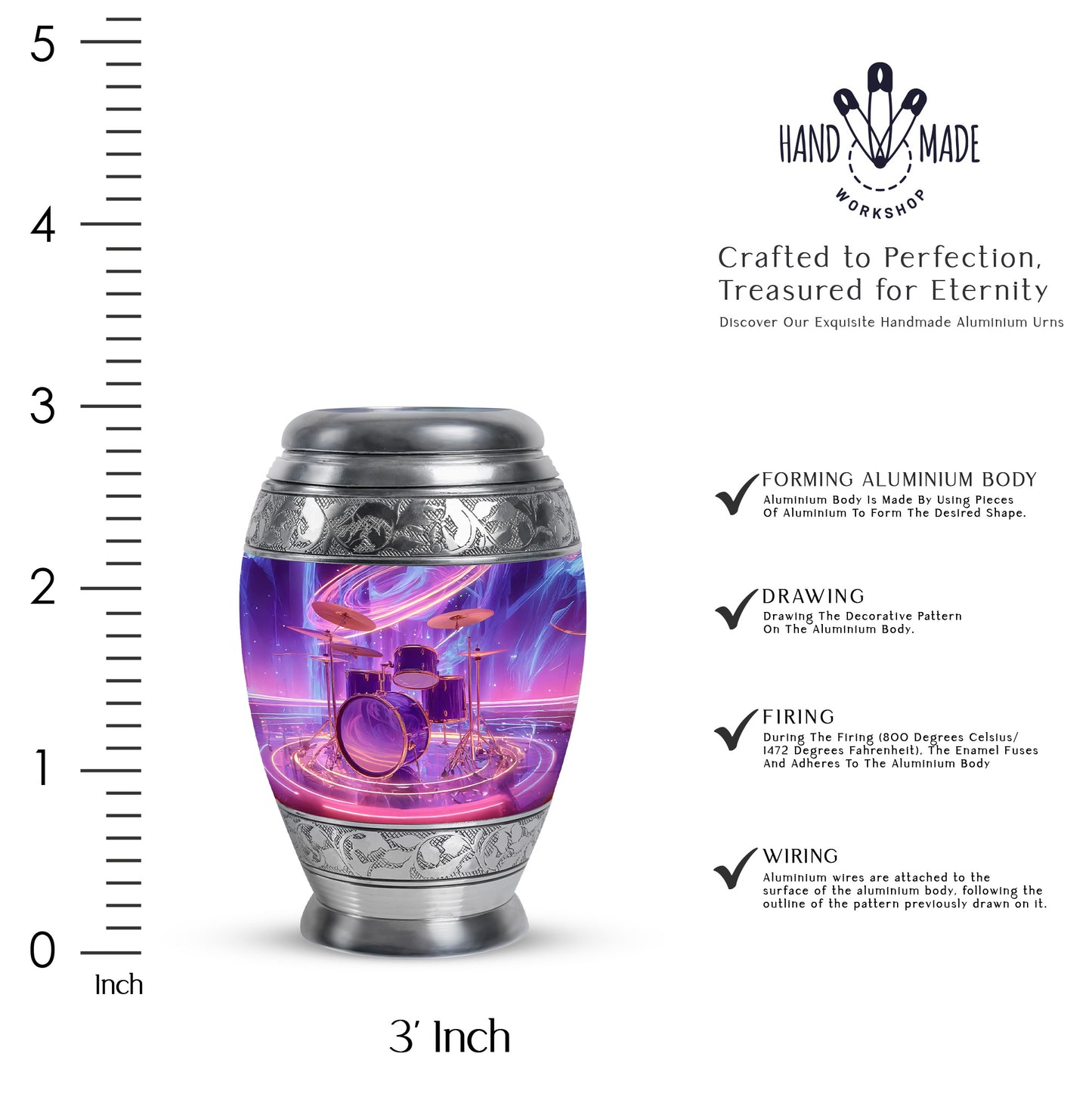 Twilight Purple Drums Cremation Urn lifestyle display on memorial shelf - royal drums engraving with decorative scrollwork - mini keepsake memorial for portion of cremation ashes
