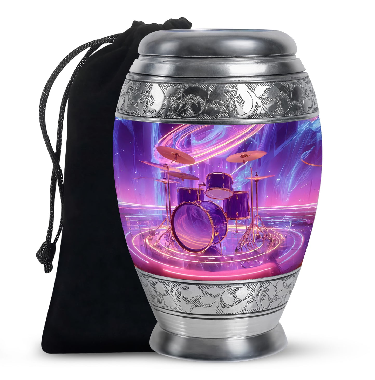 Orchid Purple Drums Cremation Urn back view with polished surface - regal drums design with crown-inspired accents - full-size 10 inch 200 cubic inch adult cremation urn