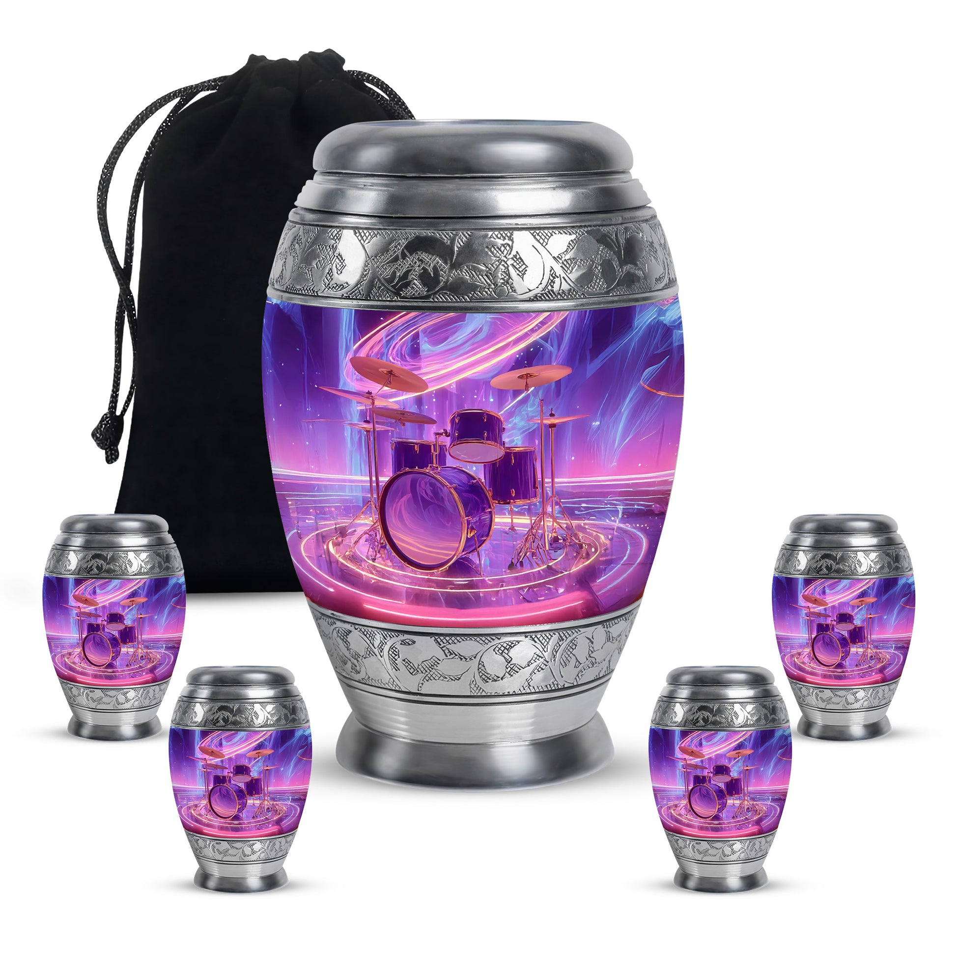 Royal Purple Drums Cremation Urn detail view - majestic drums pattern with filigree border - memorial set with one large and four small urns