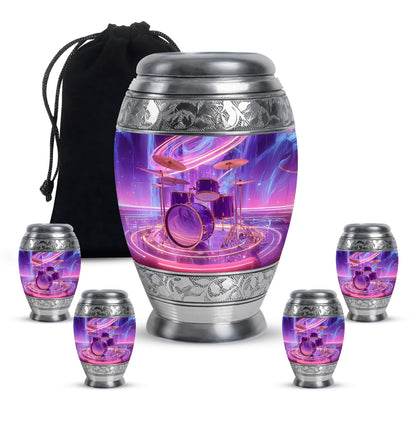 Royal Purple Drums Cremation Urn detail view - majestic drums pattern with filigree border - memorial set with one large and four small urns
