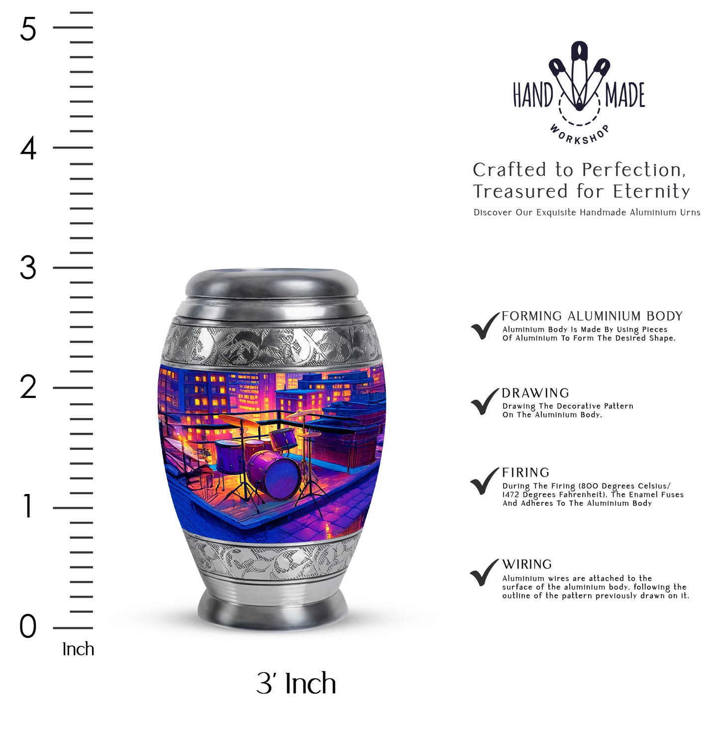 Orchid Purple Drums Cremation Urn lifestyle display on memorial shelf - ornate monarch-style drums relief on brushed aluminum - mini keepsake memorial for portion of cremation ashes