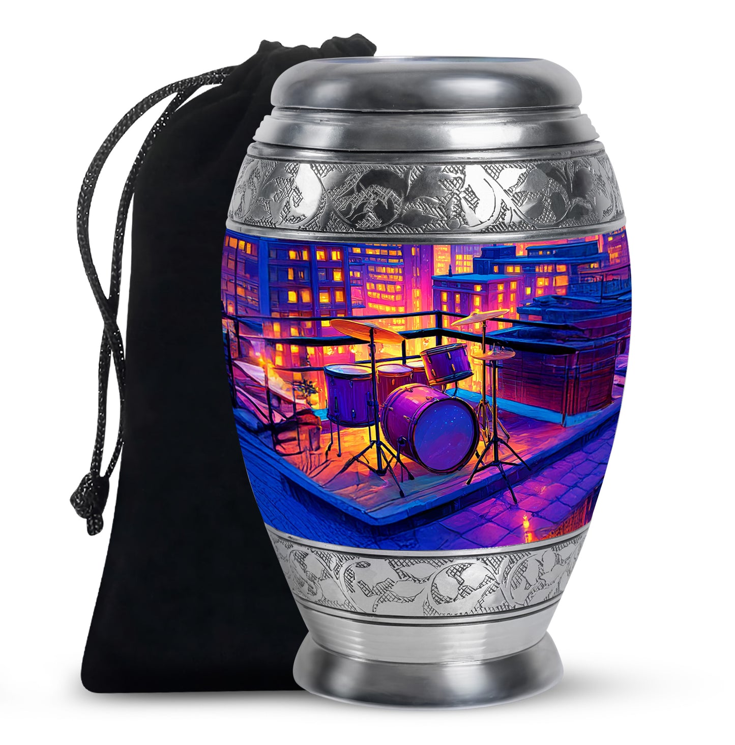 Majestic Purple Drums Cremation Urn back view with polished surface - ornate monarch-style drums relief on brushed aluminum - full-size 10 inch 200 cubic inch adult cremation urn