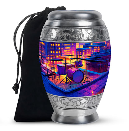 Majestic Purple Drums Cremation Urn back view with polished surface - ornate monarch-style drums relief on brushed aluminum - full-size 10 inch 200 cubic inch adult cremation urn