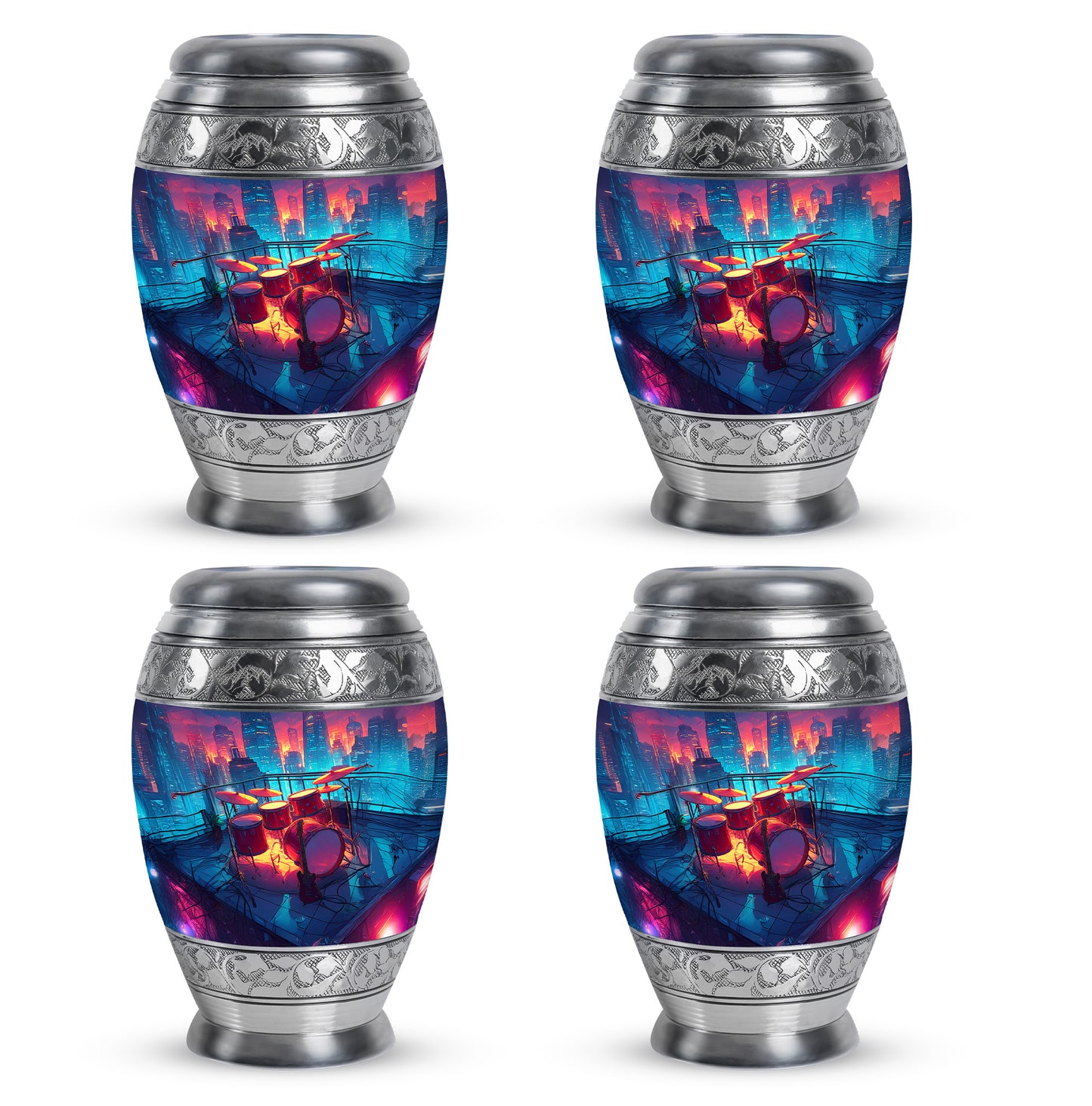 Celestial Blue Drums Cremation Urn urn with complimentary velvet bag - regal drums design with crown-inspired accents - 10 inch aluminum urn for cremated remains