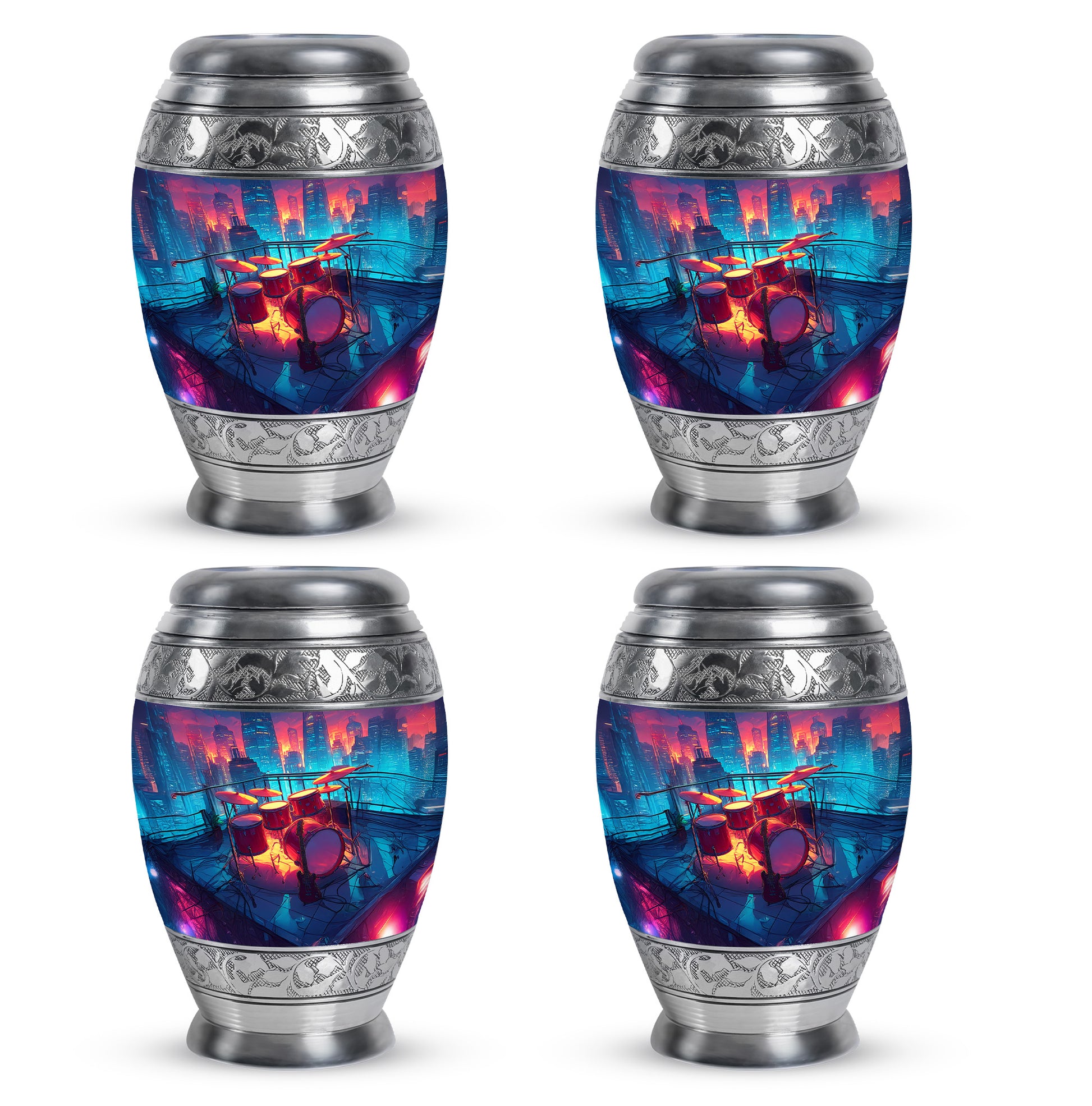 Celestial Blue Drums Cremation Urn urn with complimentary velvet bag - regal drums design with crown-inspired accents - 10 inch aluminum urn for cremated remains