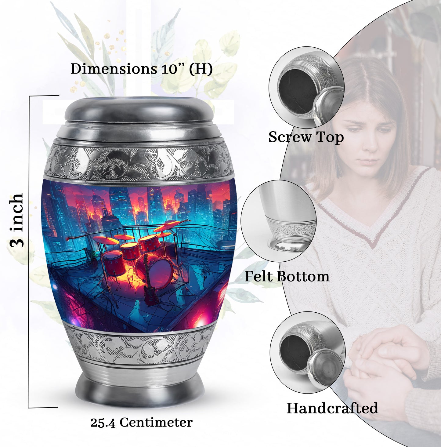 Sapphire Blue Drums Cremation Urn lifestyle display on memorial shelf - royal drums engraving with decorative scrollwork - mini keepsake memorial for portion of cremation ashes