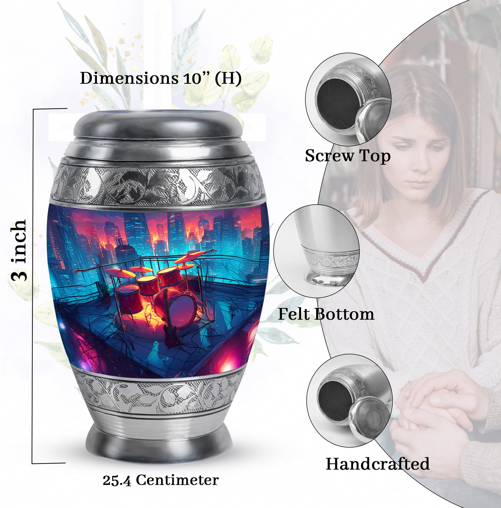 Sapphire Blue Drums Cremation Urn lifestyle display on memorial shelf - royal drums engraving with decorative scrollwork - mini keepsake memorial for portion of cremation ashes