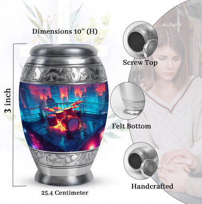Sapphire Blue Drums Cremation Urn lifestyle display on memorial shelf - royal drums engraving with decorative scrollwork - mini keepsake memorial for portion of cremation ashes
