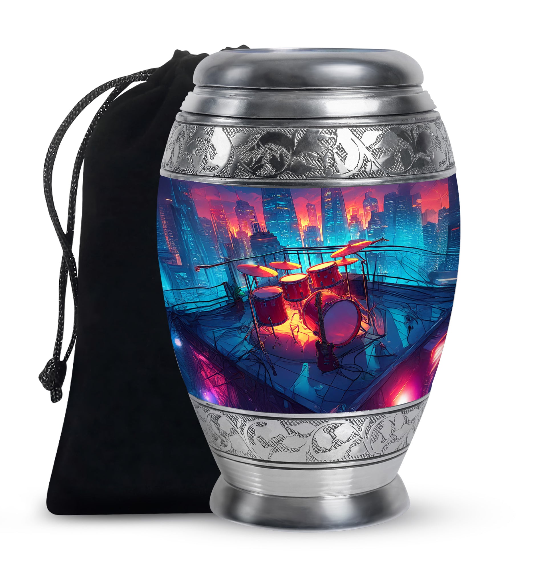 Twilight Blue Drums Cremation Urn back view with polished surface - royal drums engraving with decorative scrollwork - full-size 10 inch 200 cubic inch adult cremation urn