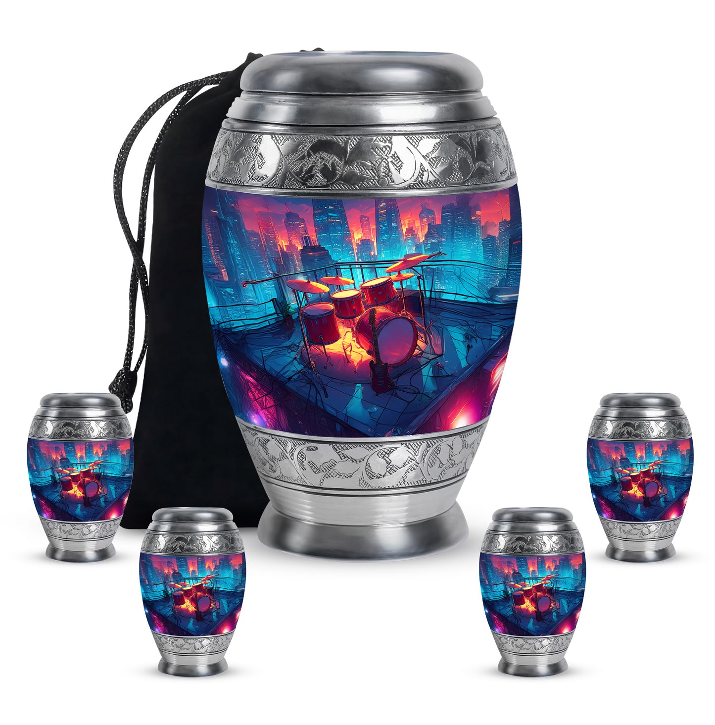 Powder Blue Drums Cremation Urn detail view - regal drums design with crown-inspired accents - memorial set with one large and four small urns