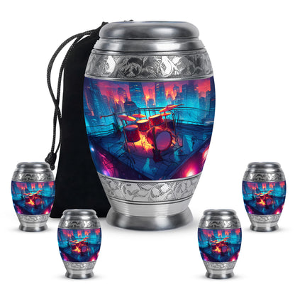 Powder Blue Drums Cremation Urn detail view - regal drums design with crown-inspired accents - memorial set with one large and four small urns