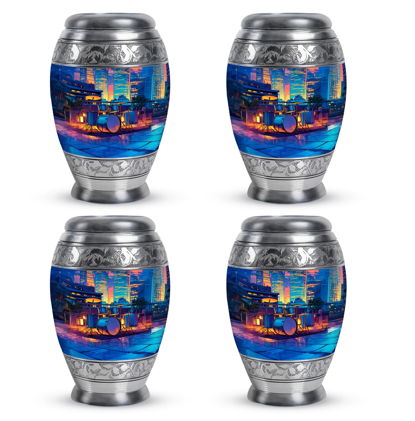 Navy Blue Drums Cremation Urn urn with complimentary velvet bag - regal drums design with crown-inspired accents - 10 inch aluminum urn for cremated remains