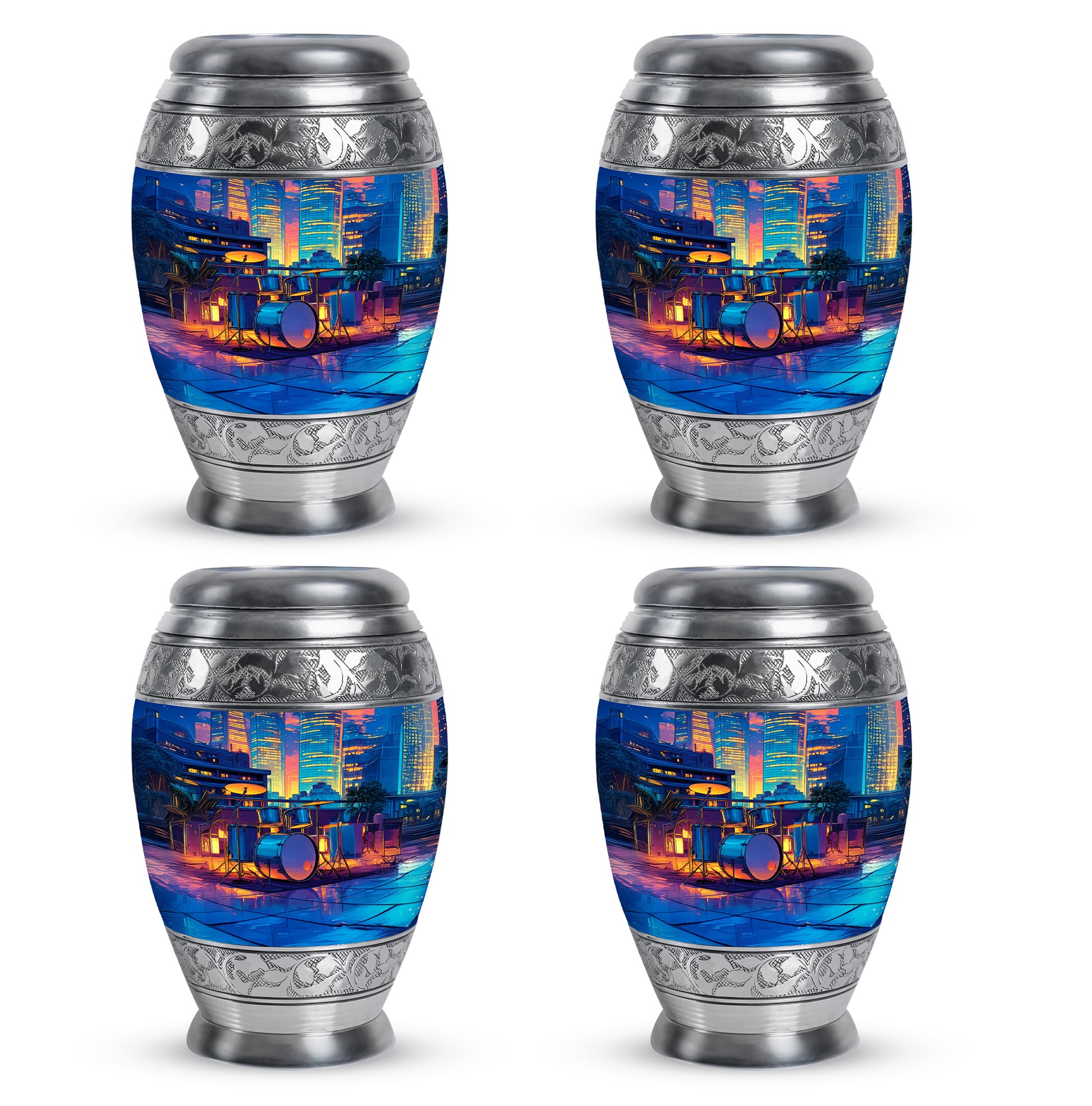 Navy Blue Drums Cremation Urn urn with complimentary velvet bag - regal drums design with crown-inspired accents - 10 inch aluminum urn for cremated remains