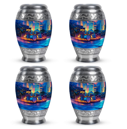 Navy Blue Drums Cremation Urn urn with complimentary velvet bag - regal drums design with crown-inspired accents - 10 inch aluminum urn for cremated remains