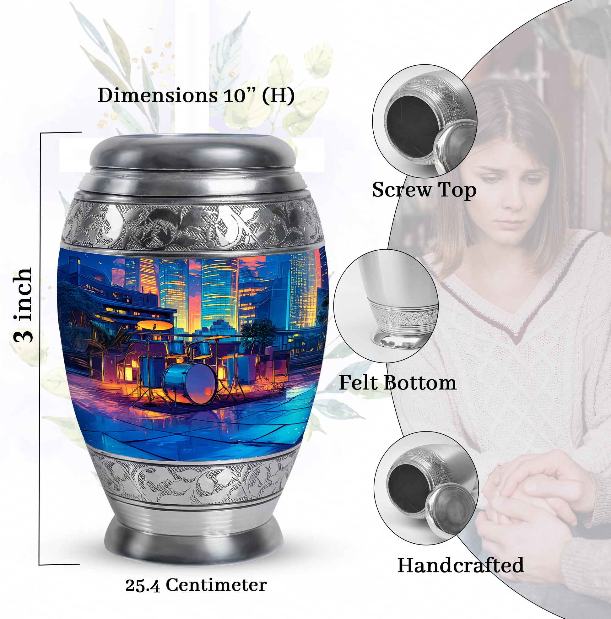 Misty Blue Drums Cremation Urn lifestyle display on memorial shelf - ornate monarch-style drums relief on brushed aluminum - mini keepsake memorial for portion of cremation ashes