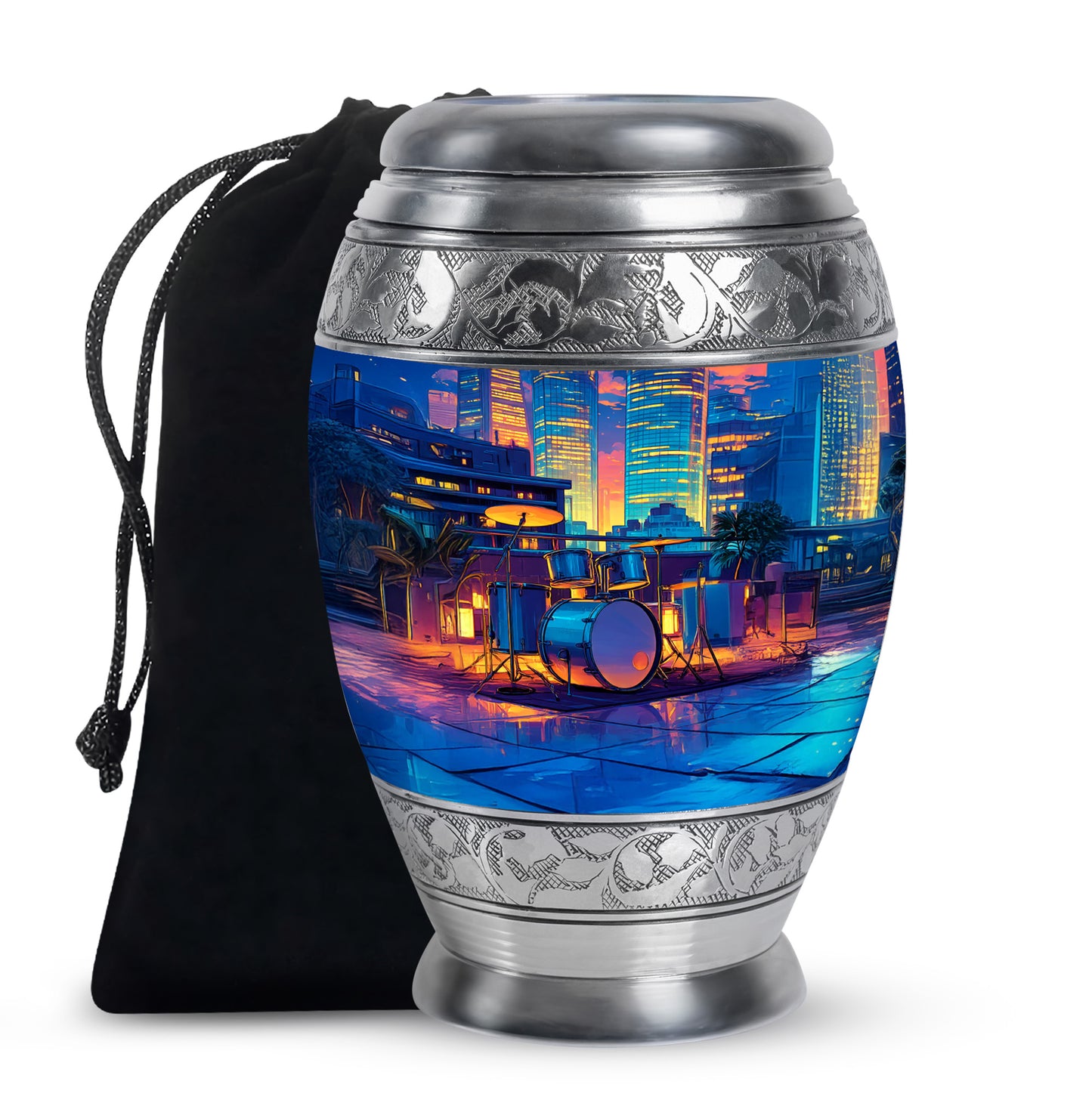 Azure Drums Cremation Urn back view with polished surface - ornate monarch-style drums relief on brushed aluminum - full-size 10 inch 200 cubic inch adult cremation urn