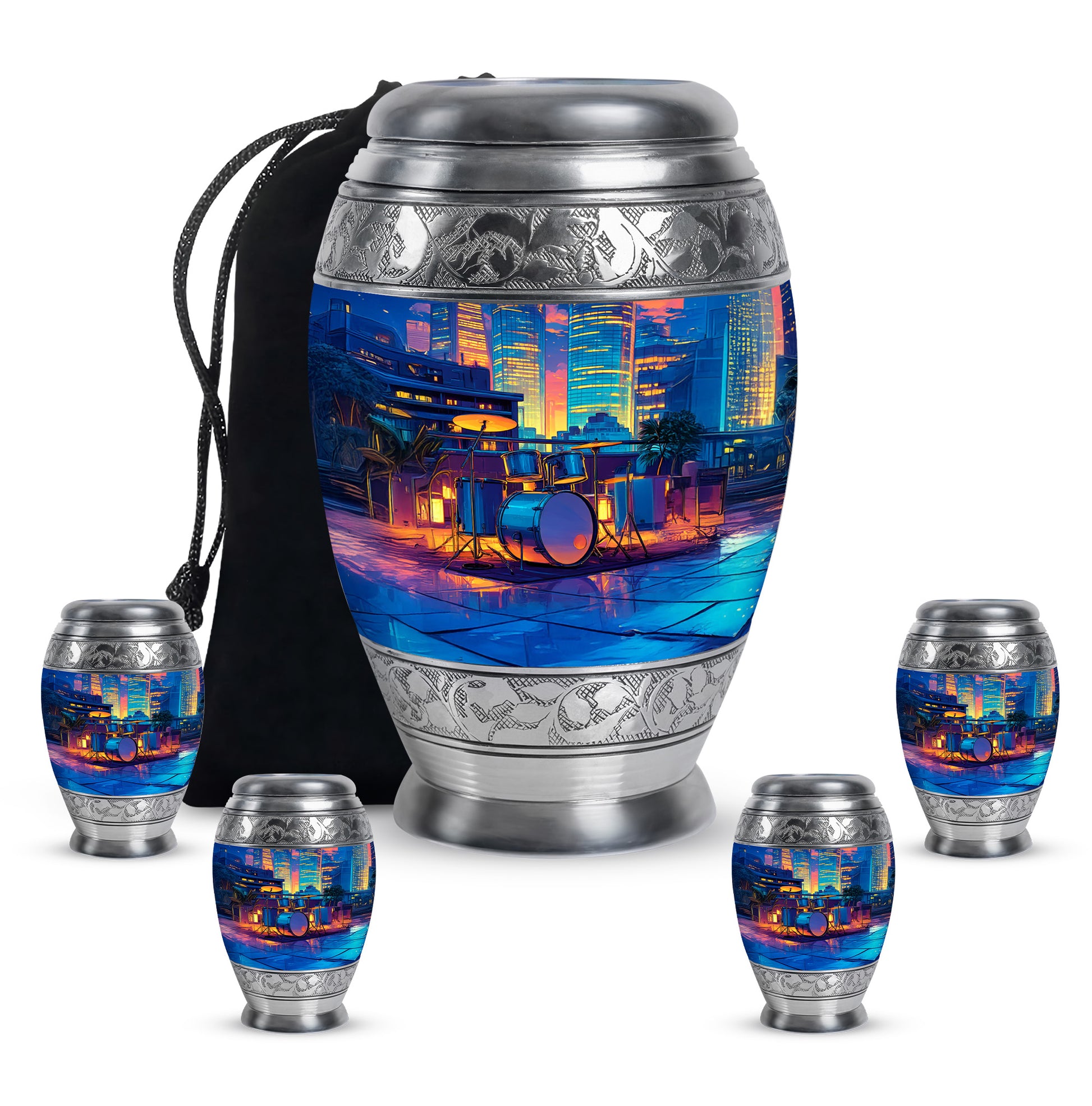 Navy Blue Drums Cremation Urn detail view - ornate monarch-style drums relief on brushed aluminum - memorial set with one large and four small urns