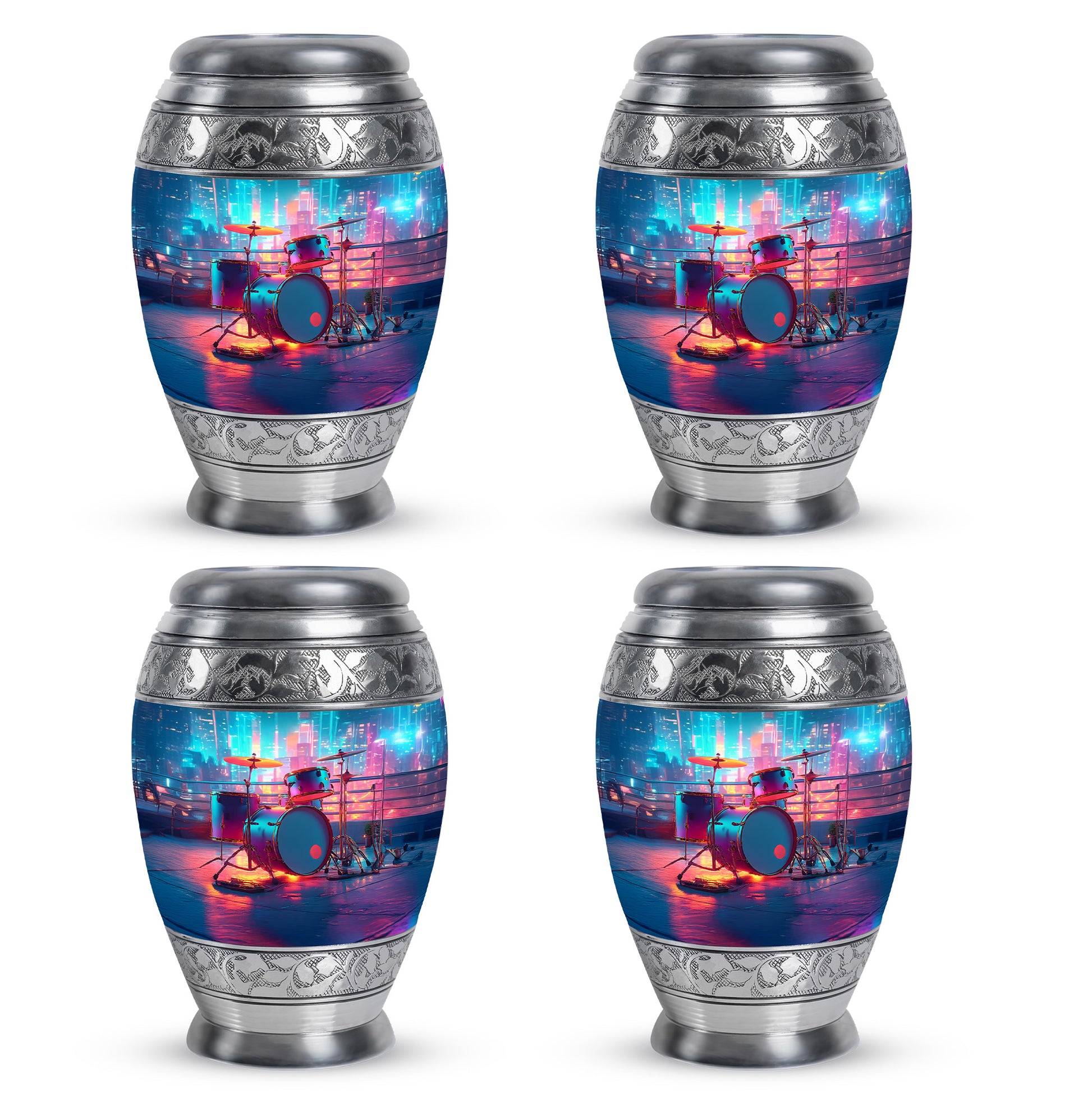 Cobalt Blue Drums Cremation Urn urn with complimentary velvet bag - majestic drums pattern with filigree border - 10 inch aluminum urn for cremated remains