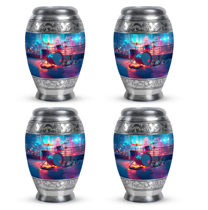 Cobalt Blue Drums Cremation Urn urn with complimentary velvet bag - majestic drums pattern with filigree border - 10 inch aluminum urn for cremated remains