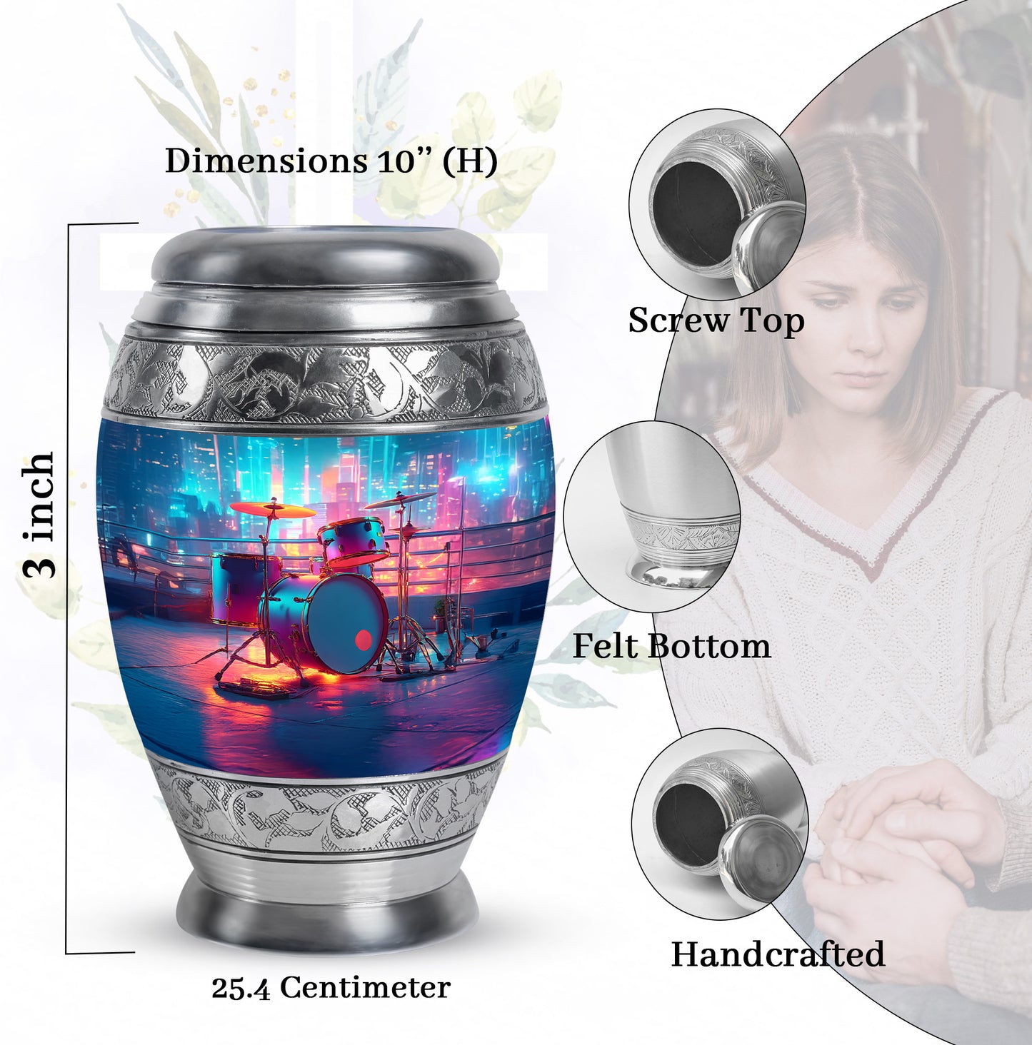 Twilight Blue Drums Cremation Urn lifestyle display on memorial shelf - royal drums engraving with decorative scrollwork - mini keepsake memorial for portion of cremation ashes