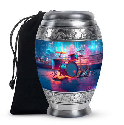 Serene Blue Drums Cremation Urn back view with polished surface - majestic drums pattern with filigree border - full-size 10 inch 200 cubic inch adult cremation urn