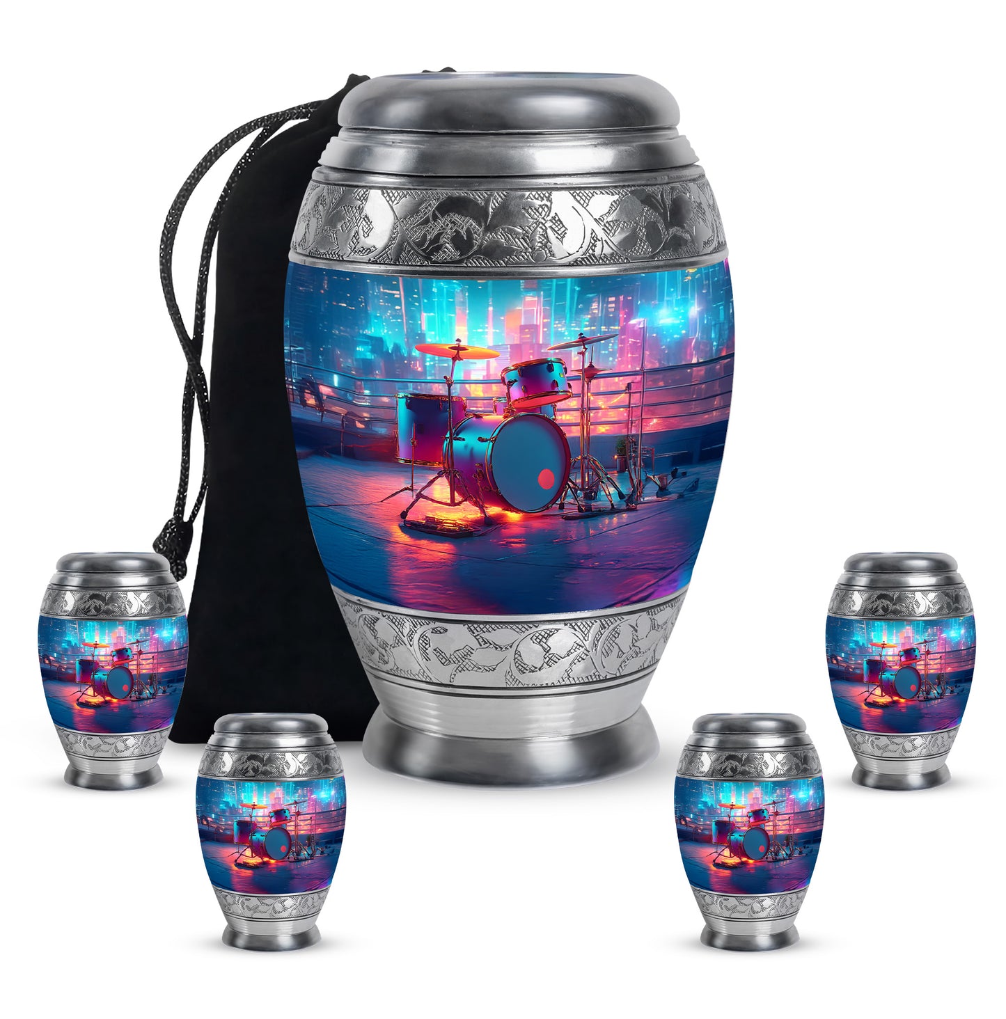 Soft Blue Drums Cremation Urn detail view - royal drums engraving with decorative scrollwork - memorial set with one large and four small urns