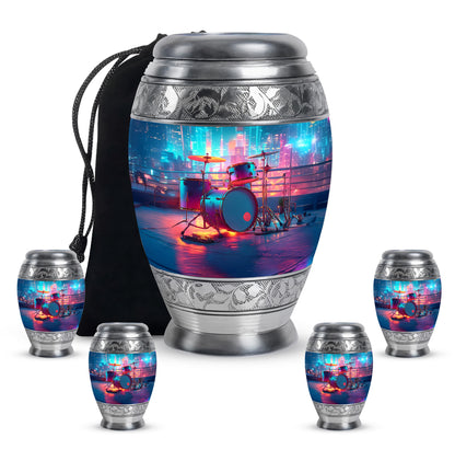 Soft Blue Drums Cremation Urn detail view - royal drums engraving with decorative scrollwork - memorial set with one large and four small urns
