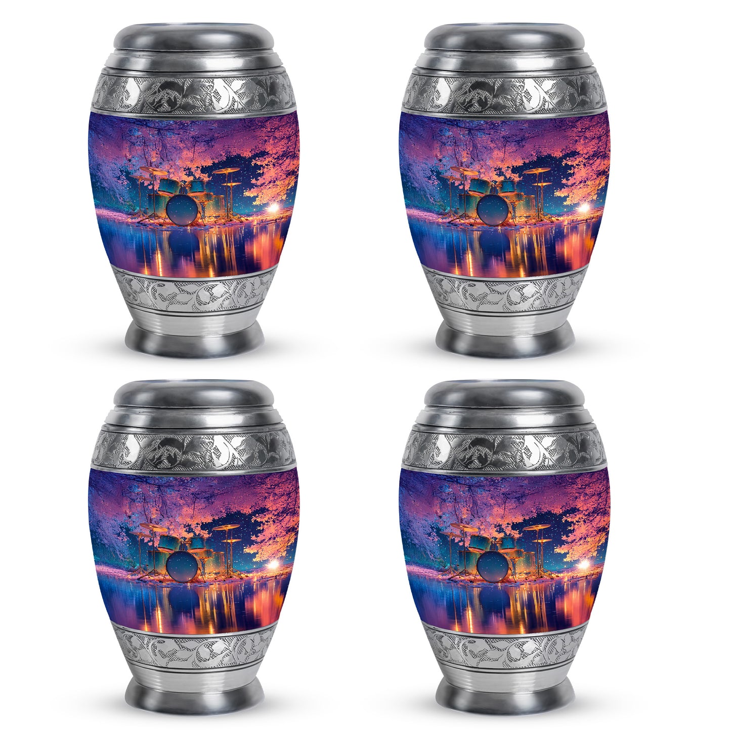 Royal Blue Drums Cremation Urn urn with complimentary velvet bag - majestic drums pattern with filigree border - 10 inch aluminum urn for cremated remains