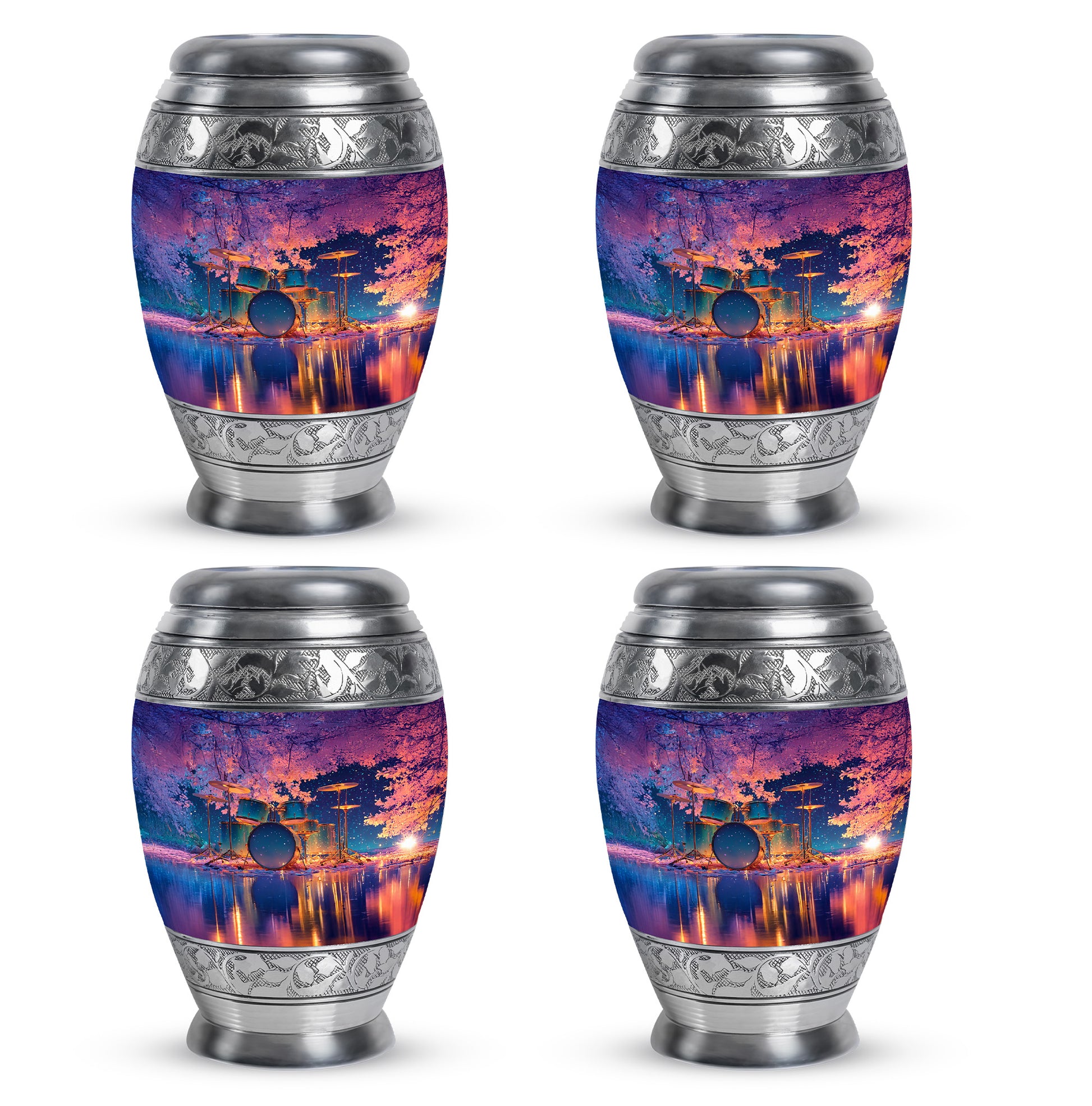 Royal Blue Drums Cremation Urn urn with complimentary velvet bag - majestic drums pattern with filigree border - 10 inch aluminum urn for cremated remains