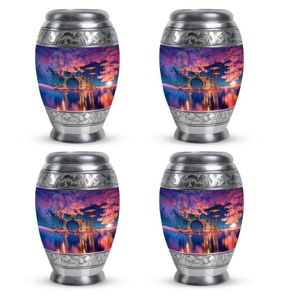 Royal Blue Drums Cremation Urn urn with complimentary velvet bag - majestic drums pattern with filigree border - 10 inch aluminum urn for cremated remains