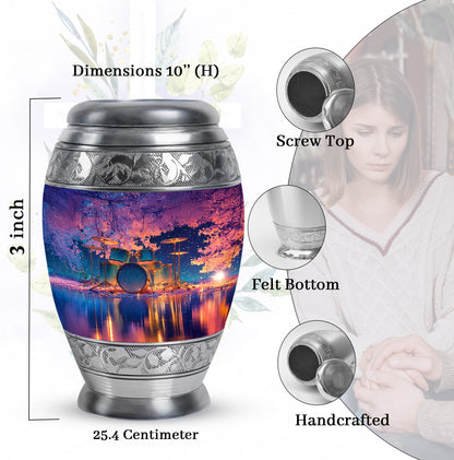 Celestial Blue Drums Cremation Urn lifestyle display on memorial shelf - regal drums design with crown-inspired accents - mini keepsake memorial for portion of cremation ashes