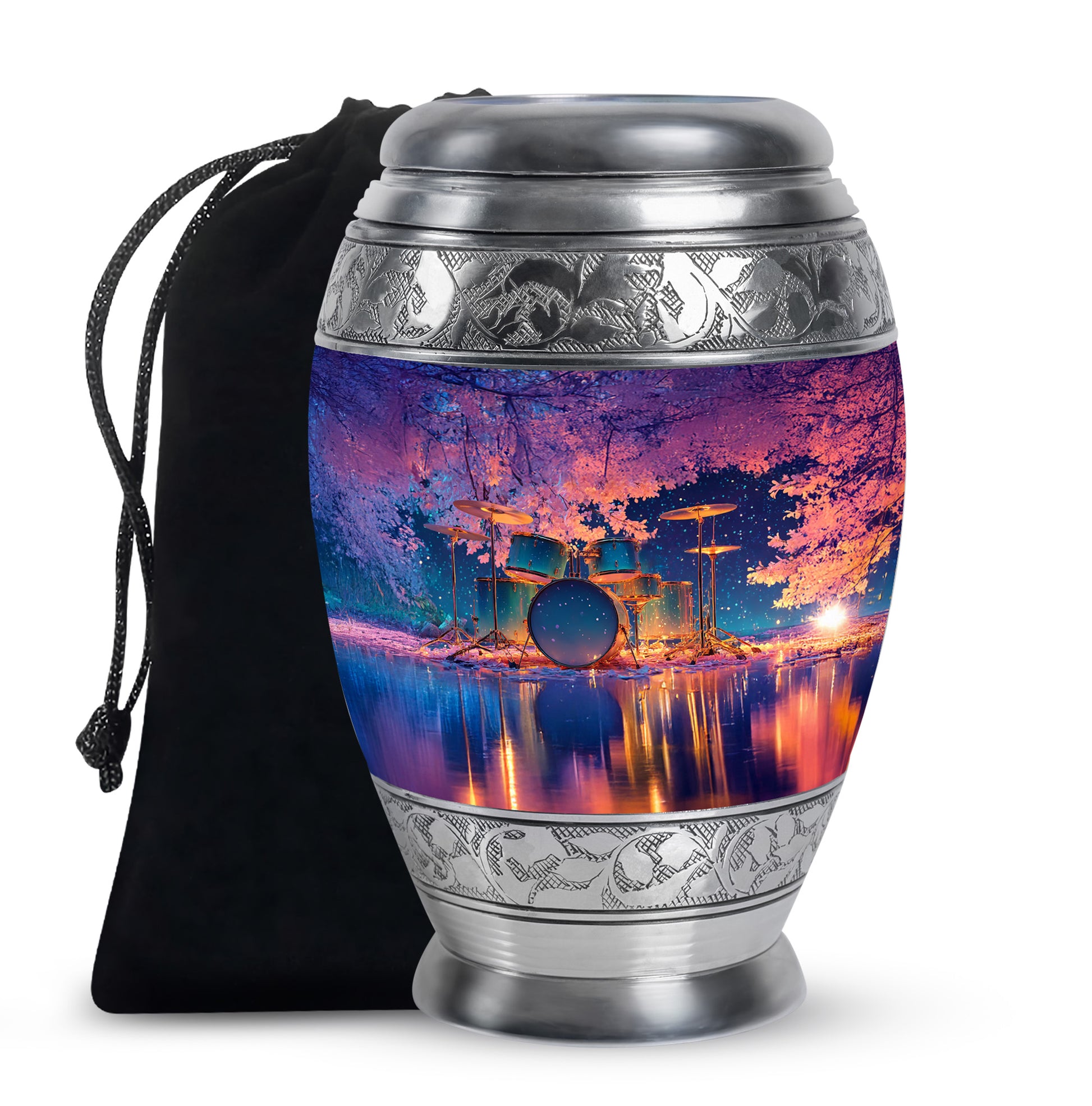 Steel Blue Drums Cremation Urn back view with polished surface - royal drums engraving with decorative scrollwork - full-size 10 inch 200 cubic inch adult cremation urn