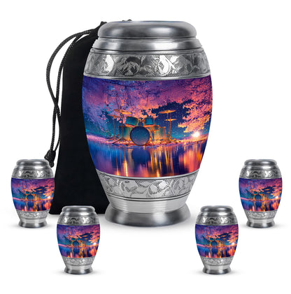 Royal Blue Drums Cremation Urn detail view - majestic drums pattern with filigree border - memorial set with one large and four small urns