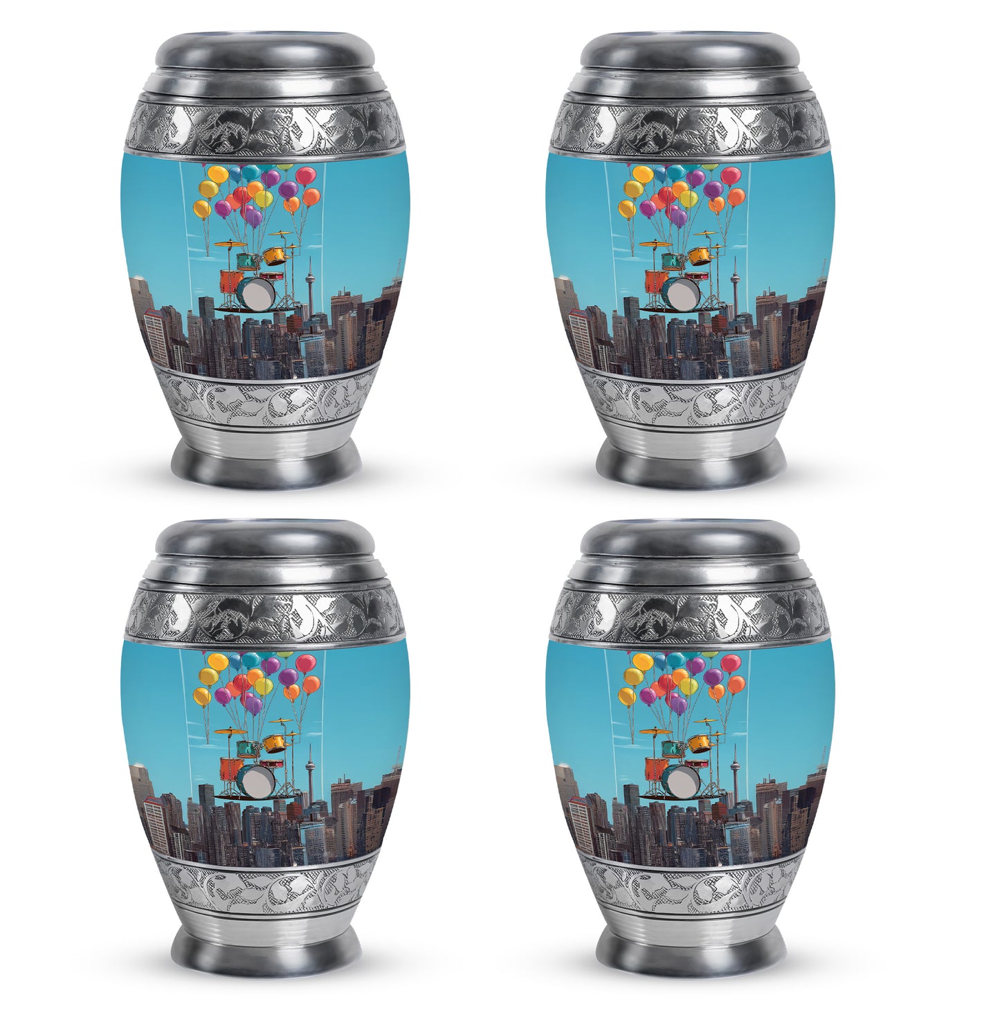 Vivid Blue Drums Cremation Urn urn with complimentary velvet bag - majestic drums pattern with filigree border - 10 inch aluminum urn for cremated remains