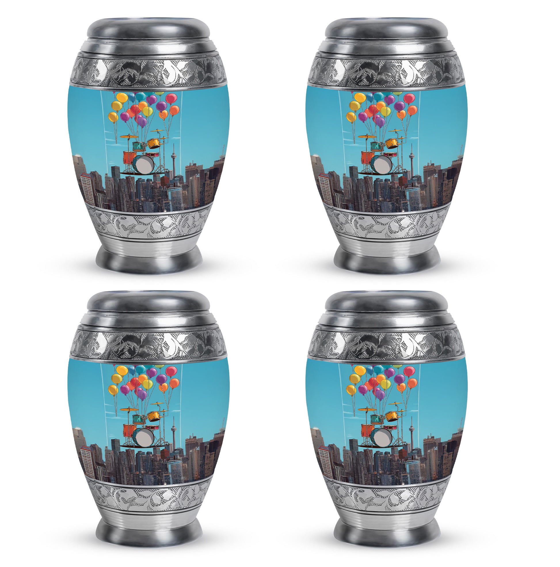 Vivid Blue Drums Cremation Urn urn with complimentary velvet bag - majestic drums pattern with filigree border - 10 inch aluminum urn for cremated remains