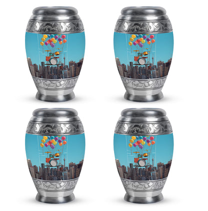 Vivid Blue Drums Cremation Urn urn with complimentary velvet bag - majestic drums pattern with filigree border - 10 inch aluminum urn for cremated remains