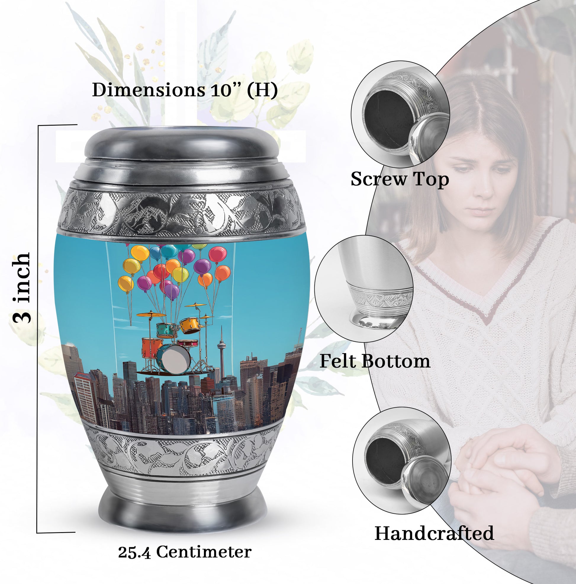 Slate Blue Drums Cremation Urn lifestyle display on memorial shelf - regal drums design with crown-inspired accents - mini keepsake memorial for portion of cremation ashes