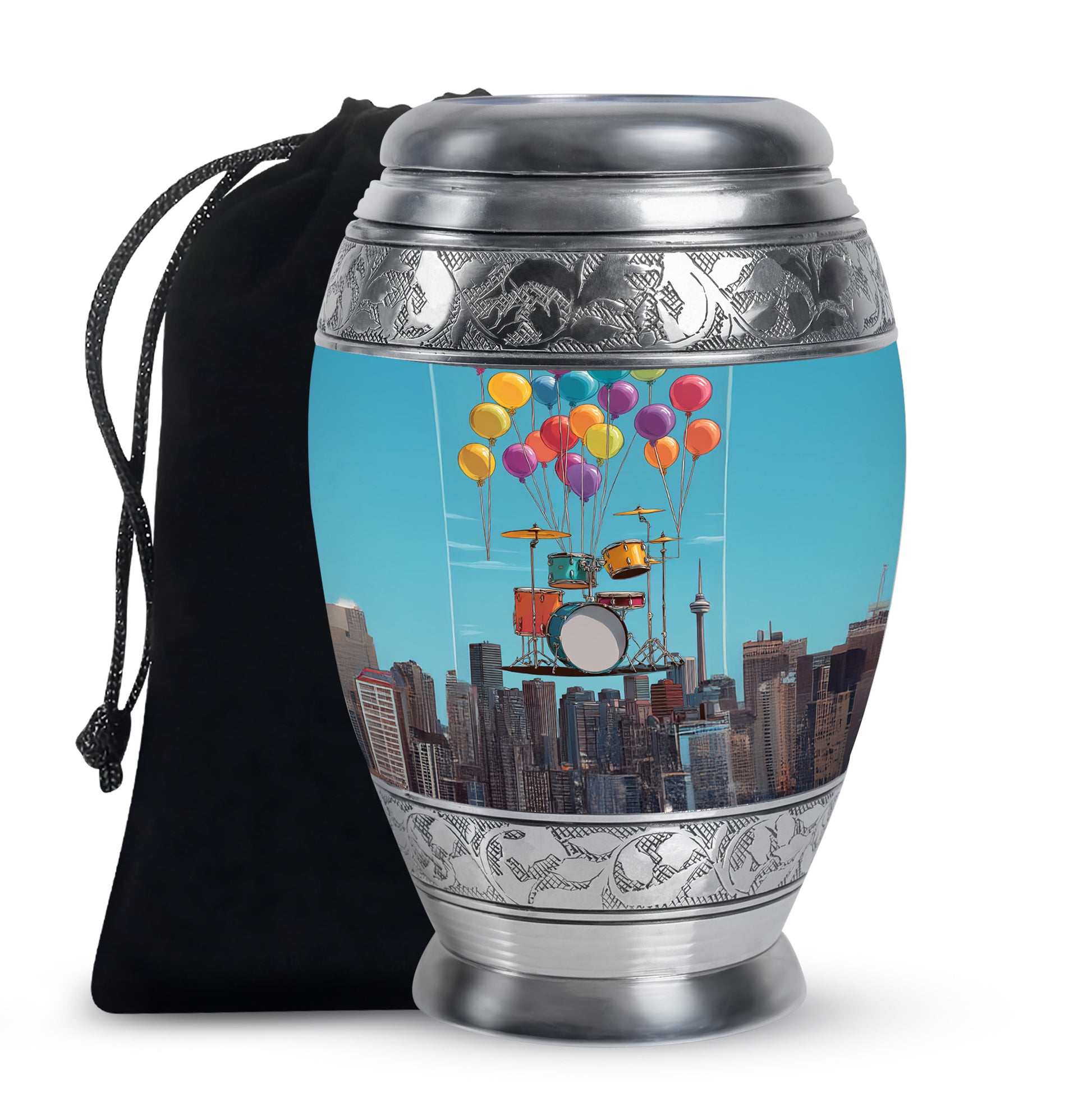 Sky Blue Drums Cremation Urn back view with polished surface - regal drums design with crown-inspired accents - full-size 10 inch 200 cubic inch adult cremation urn