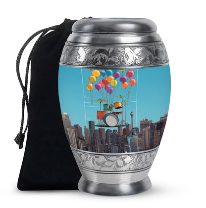 Sky Blue Drums Cremation Urn back view with polished surface - regal drums design with crown-inspired accents - full-size 10 inch 200 cubic inch adult cremation urn