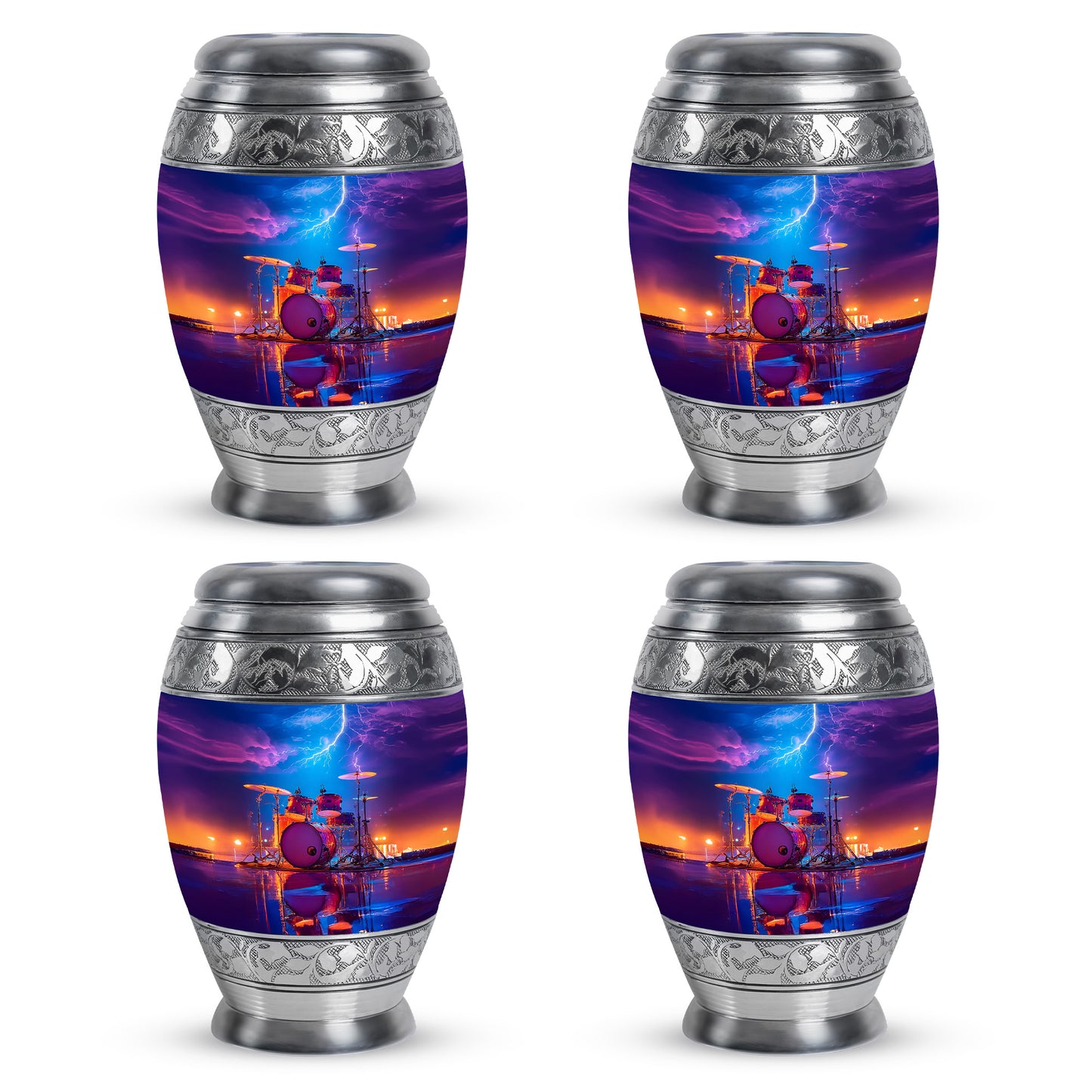 Twilight Blue Drums Cremation Urn urn with complimentary velvet bag - majestic drums pattern with filigree border - 10 inch aluminum urn for cremated remains